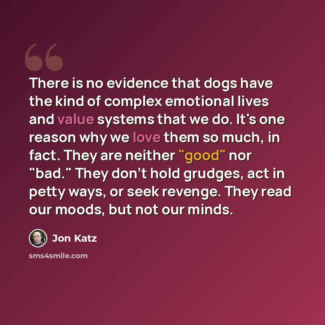“There is no evidence that dogs have the kind of complex emotional lives and value systems that we do. It's one reason why we love them so much, in fact. They are neither "good" nor "bad." They don't hold grudges, act in petty ways, or seek revenge. They read our moods, but not our minds.” quote by Jon Katz