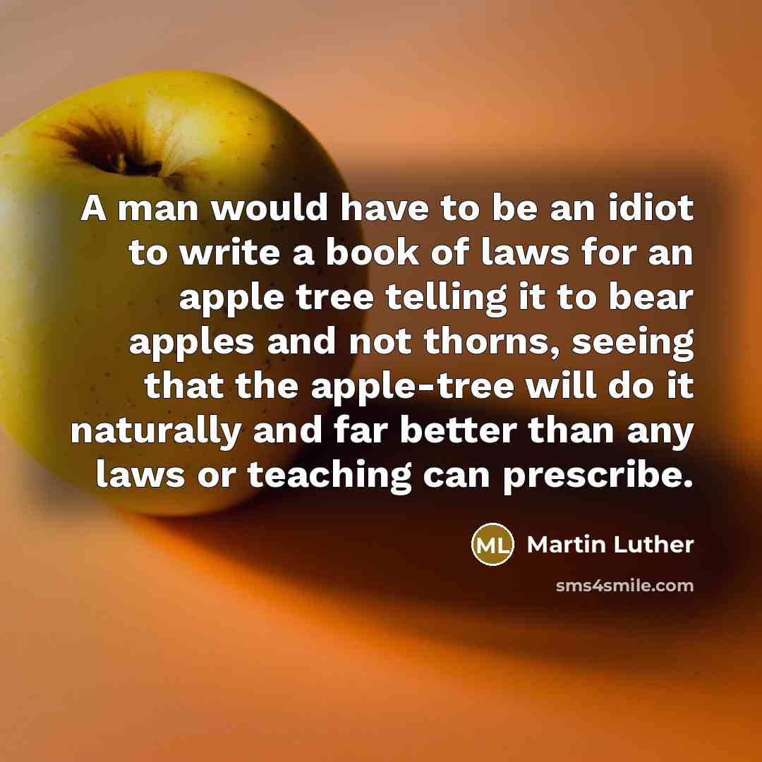 “A man would have to be an idiot to write a book of laws for an apple tree telling it to bear apples and not thorns, seeing that the apple-tree will do it naturally and far better than any laws or teaching can prescribe.” quote by Martin Luther