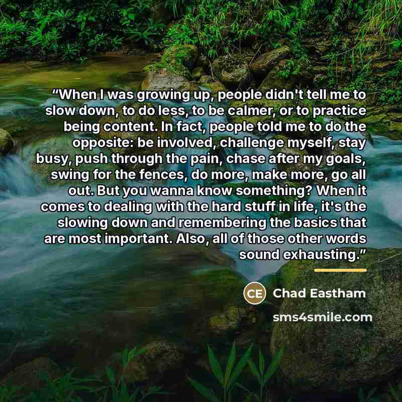 “When I was growing up, people didn't tell me to slow down, to do less, to be calmer, or to practice being content. In fact, people told me to do the opposite: be involved, challenge myself, stay busy, push through the pain, chase after my goals, swing for the fences, do more, make more, go all…” quote by Chad Eastham