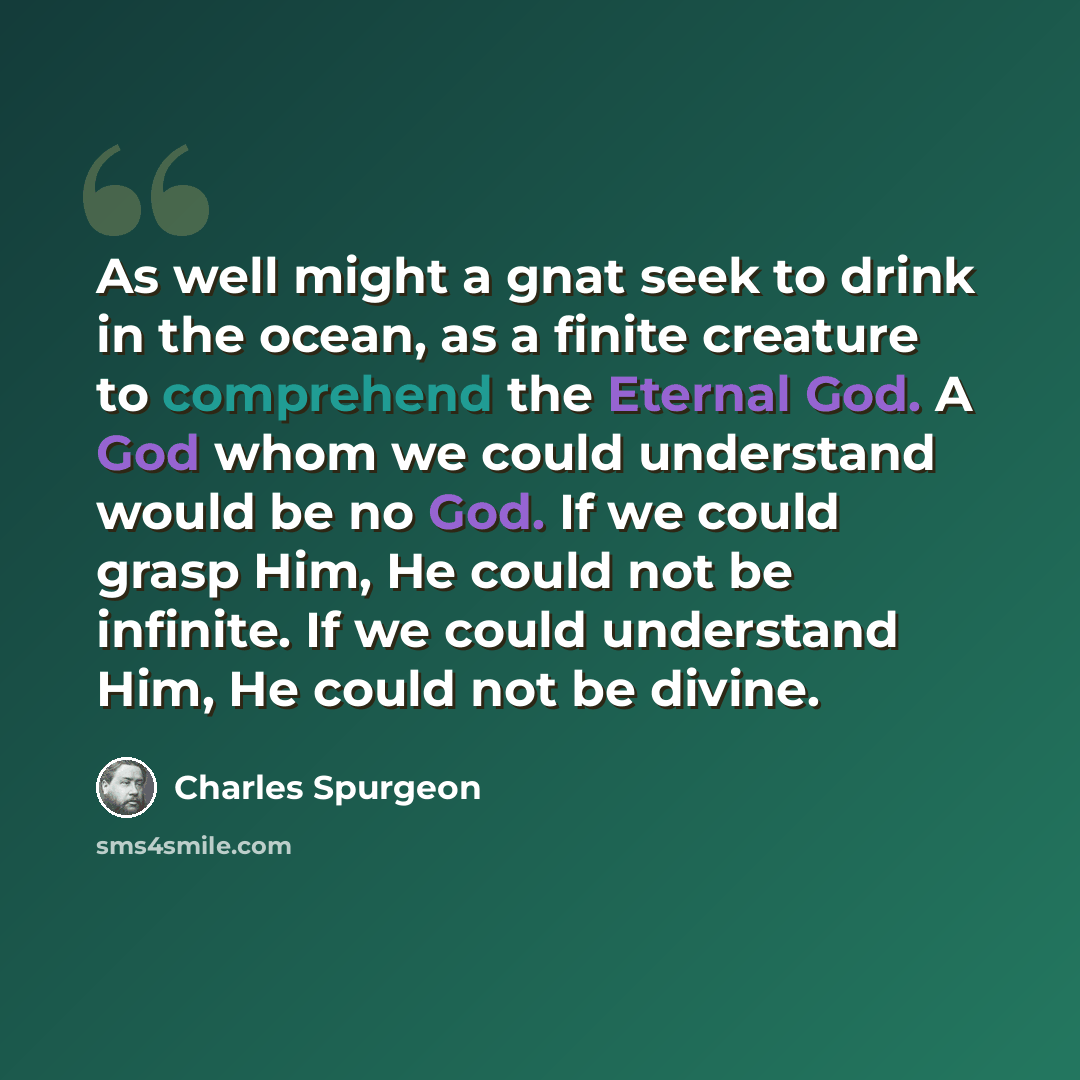“As well might a gnat seek to drink in the ocean, as a finite creature to comprehend the Eternal God. A God whom we could understand would be no God. If we could grasp Him, He could not be infinite. If we could understand Him, He could not be divine.” quote by Charles Spurgeon