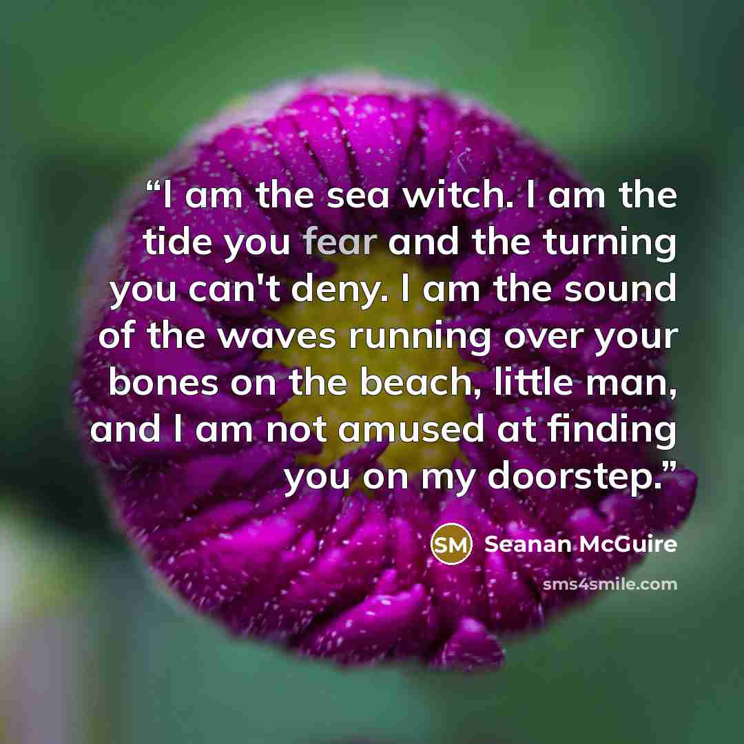 “I am the sea witch. I am the tide you fear and the turning you can't deny. I am the sound of the waves running over your bones on the beach, little man, and I am not amused at finding you on my doorstep.” quote by Seanan McGuire