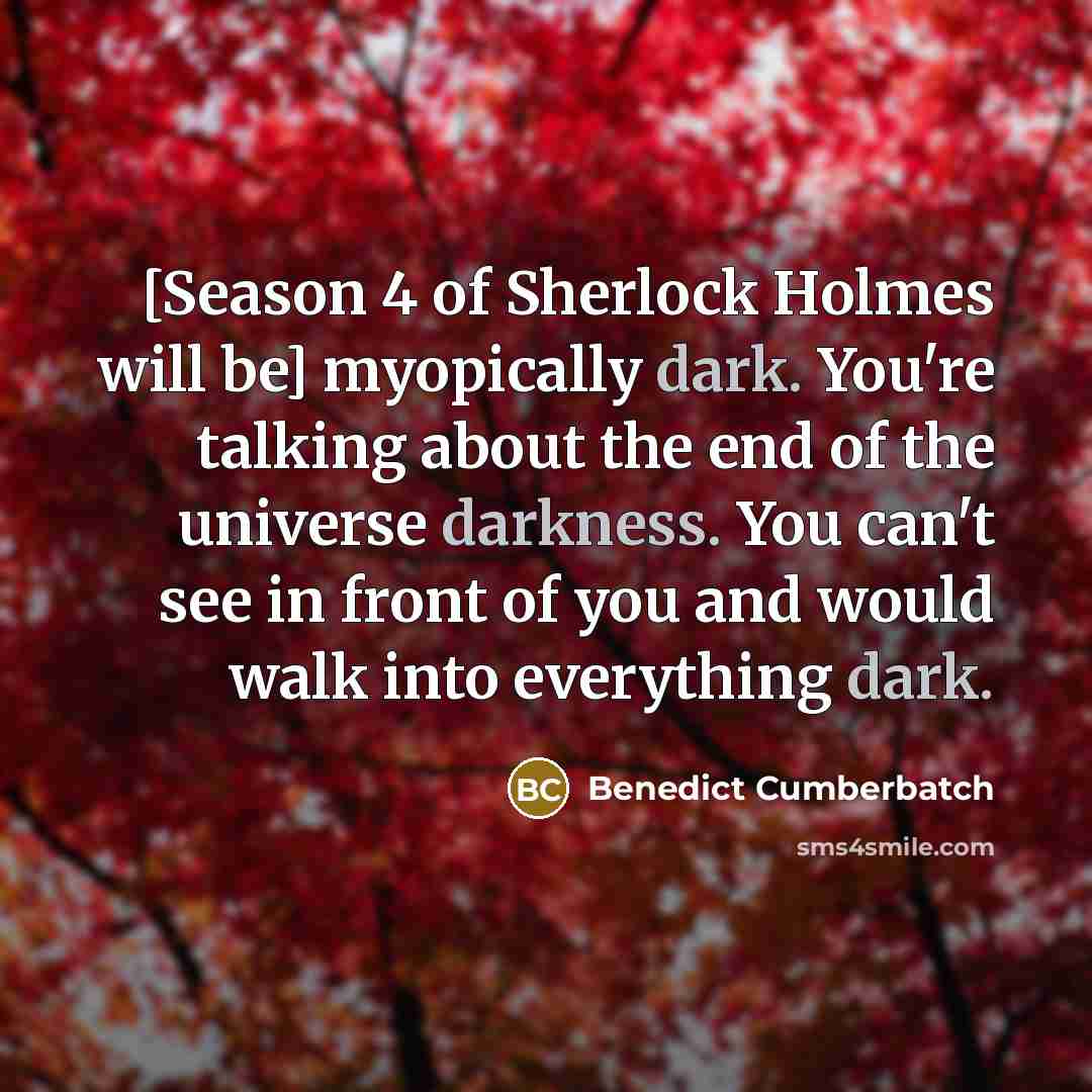 “[Season 4 of Sherlock Holmes will be] myopically dark. You're talking about the end of the universe darkness. You can't see in front of you and would walk into everything dark.” quote by Benedict Cumberbatch