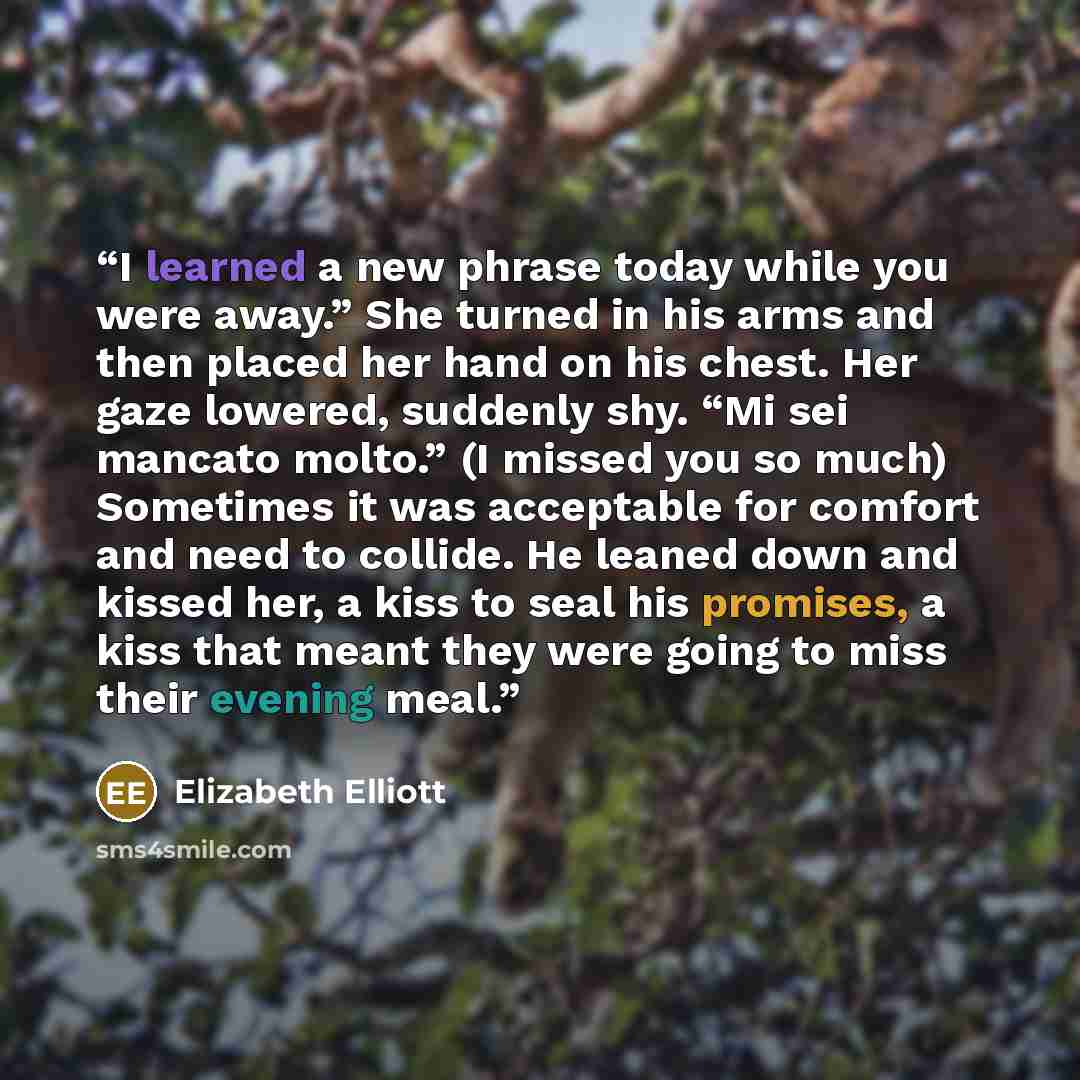 “I learned a new phrase today while you were away.” She turned in his arms and then placed her hand on his chest. Her gaze lowered, suddenly shy. “Mi sei mancato molto.” (I missed you so much) Sometimes it was acceptable for comfort and need to collide. He leaned down and kissed her, a kiss to seal…” quote by Elizabeth Elliott