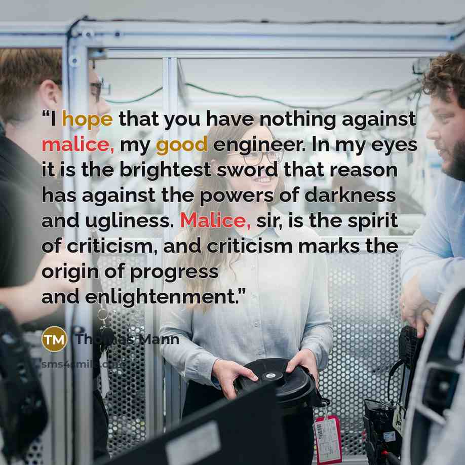 “I hope that you have nothing against malice, my good engineer. In my eyes it is the brightest sword that reason has against the powers of darkness and ugliness. Malice, sir, is the spirit of criticism, and criticism marks the origin of progress and enlightenment.” quote by Thomas Mann