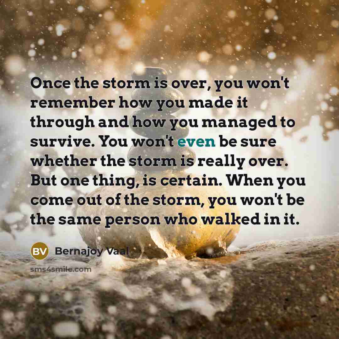 “Once the storm is over, you won't remember how you made it through and how you managed to survive. You won't even be sure whether the storm is really over. But one thing, is certain. When you come out of the storm, you won't be the same person who walked in it.” quote by Bernajoy Vaal
