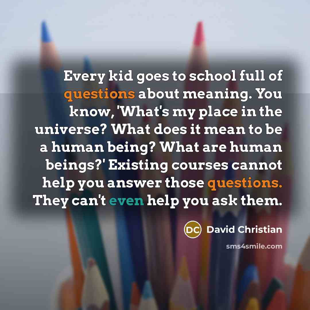“Every kid goes to school full of questions about meaning. You know, 'What's my place in the universe? What does it mean to be a human being? What are human beings?' Existing courses cannot help you answer those questions. They can't even help you ask them.” quote by David Christian