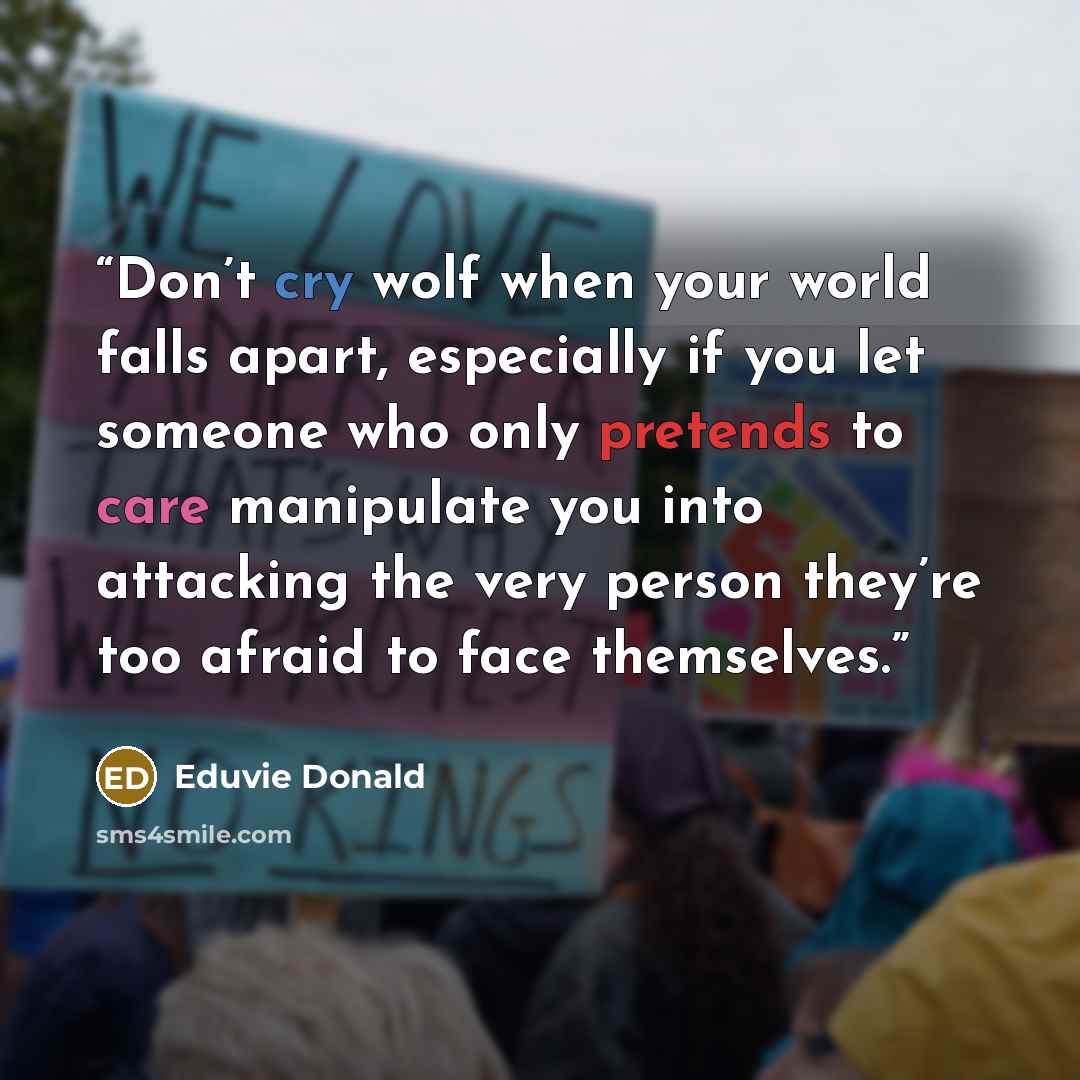 “Don’t cry wolf when your world falls apart, especially if you let someone who only pretends to care manipulate you into attacking the very person they’re too afraid to face themselves.” quote by Eduvie Donald