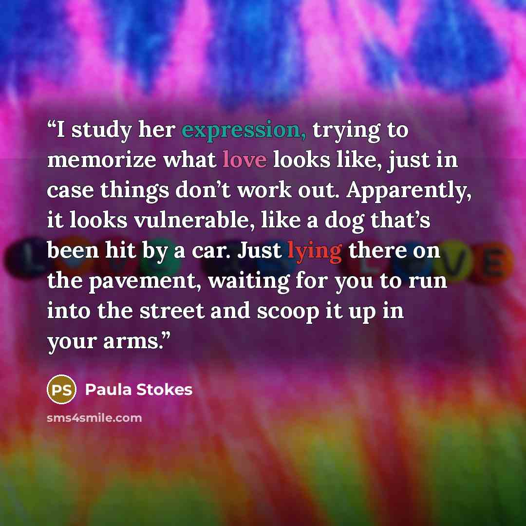 “I study her expression, trying to memorize what love looks like, just in case things don’t work out. Apparently, it looks vulnerable, like a dog that’s been hit by a car. Just lying there on the pavement, waiting for you to run into the street and scoop it up in your arms.” quote by Paula Stokes