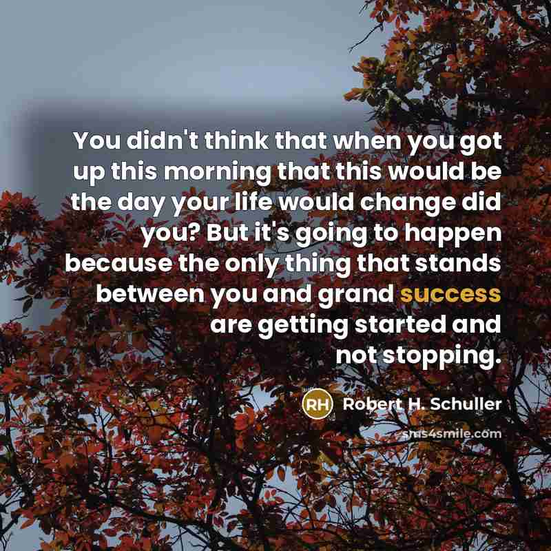 “You didn't think that when you got up this morning that this would be the day your life would change did you? But it's going to happen because the only thing that stands between you and grand success are getting started and not stopping.” quote by Robert H. Schuller