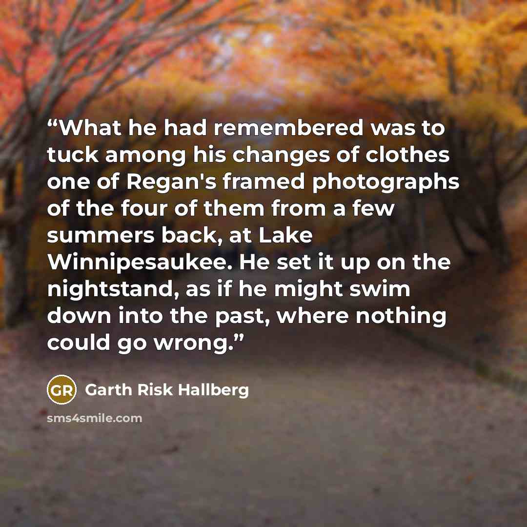 “What he had remembered was to tuck among his changes of clothes one of Regan's framed photographs of the four of them from a few summers back, at Lake Winnipesaukee. He set it up on the nightstand, as if he might swim down into the past, where nothing could go wrong.” quote by Garth Risk Hallberg