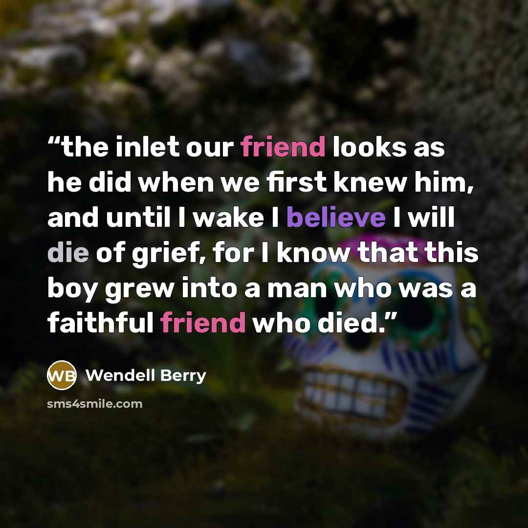 “the inlet our friend looks as he did when we first knew him, and until I wake I believe I will die of grief, for I know that this boy grew into a man who was a faithful friend who died.” quote by Wendell Berry