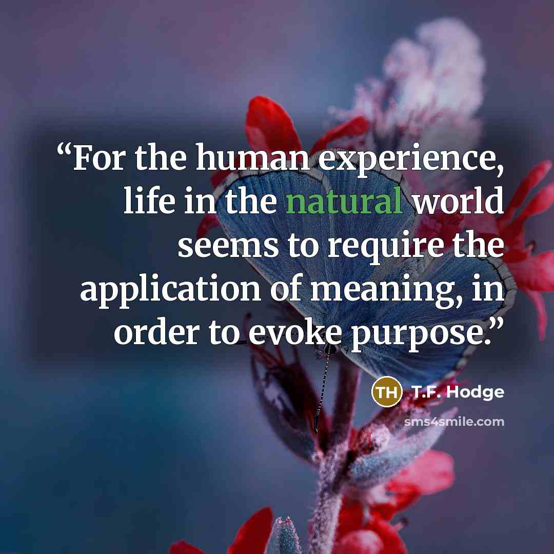 “For the human experience, life in the natural world seems to require the application of meaning, in order to evoke purpose.” quote by T.F. Hodge