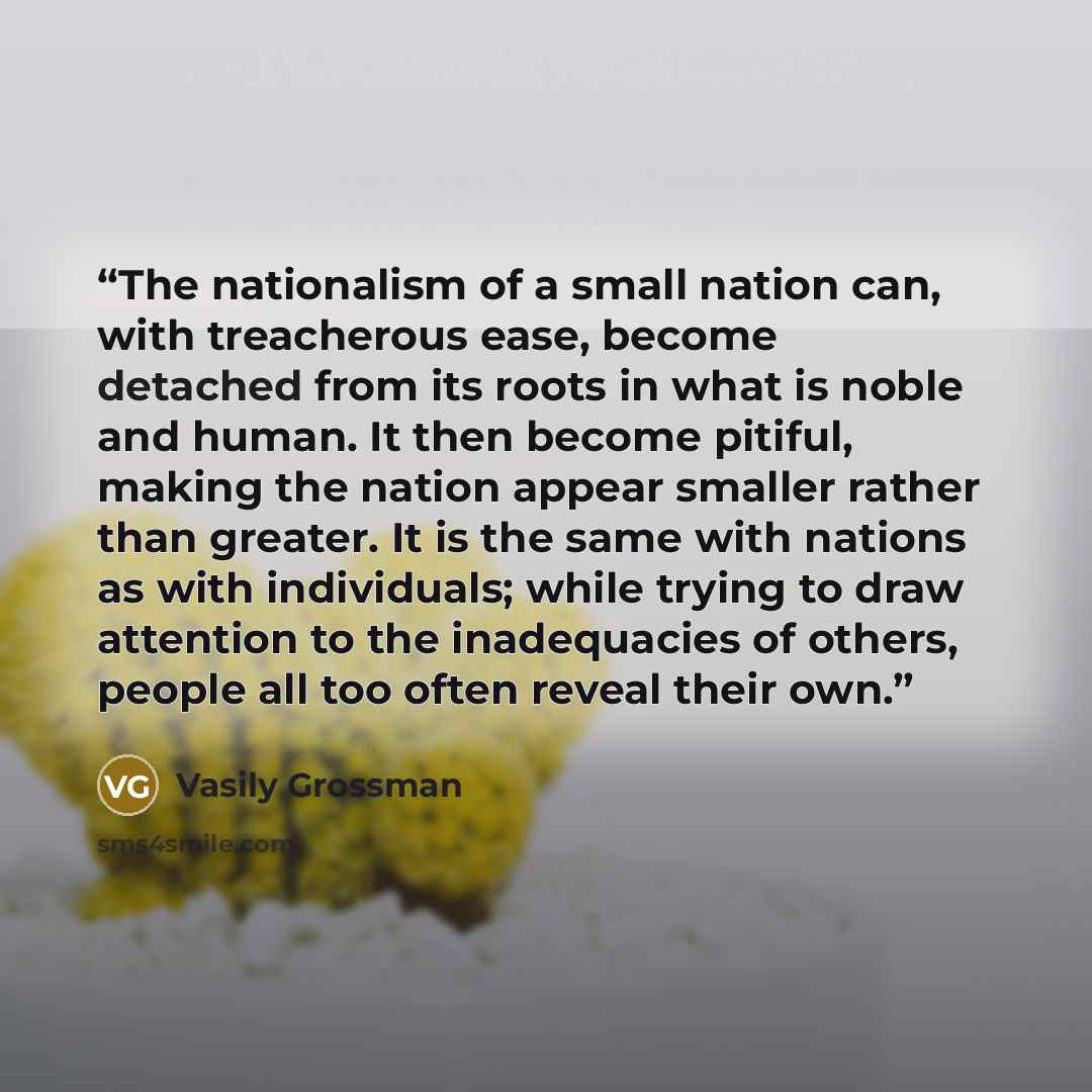 “The nationalism of a small nation can, with treacherous ease, become detached from its roots in what is noble and human. It then become pitiful, making the nation appear smaller rather than greater. It is the same with nations as with individuals; while trying to draw attention to the inadequacies…” quote by Vasily Grossman