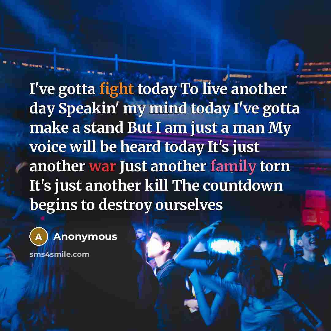 “I've gotta fight today To live another day Speakin' my mind today I've gotta make a stand But I am just a man My voice will be heard today It's just another war Just another family torn It's just another kill The countdown begins to destroy ourselves” quote by Anonymous