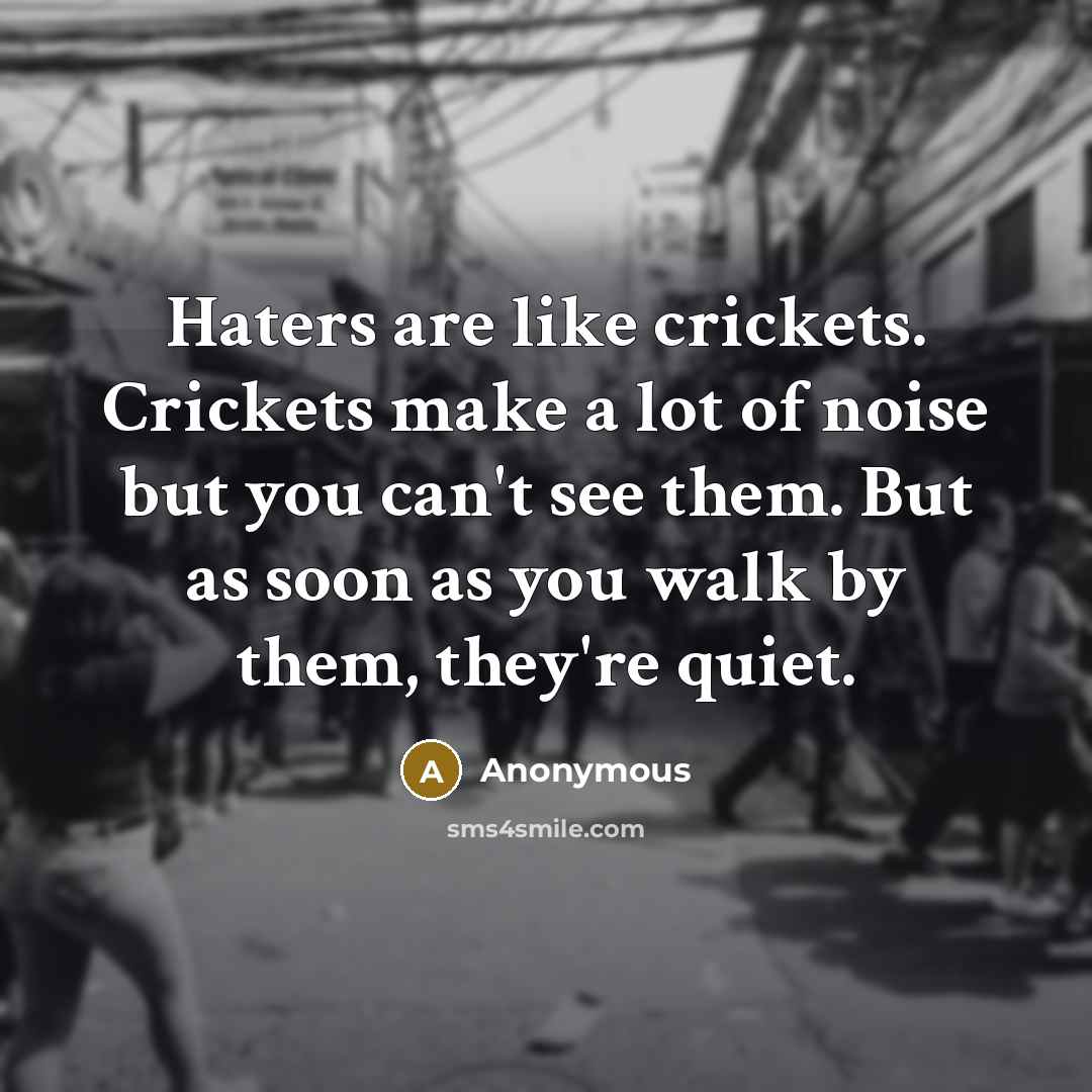 “Haters are like crickets. Crickets make a lot of noise but you can't see them. But as soon as you walk by them, they're quiet.” quote by Anonymous