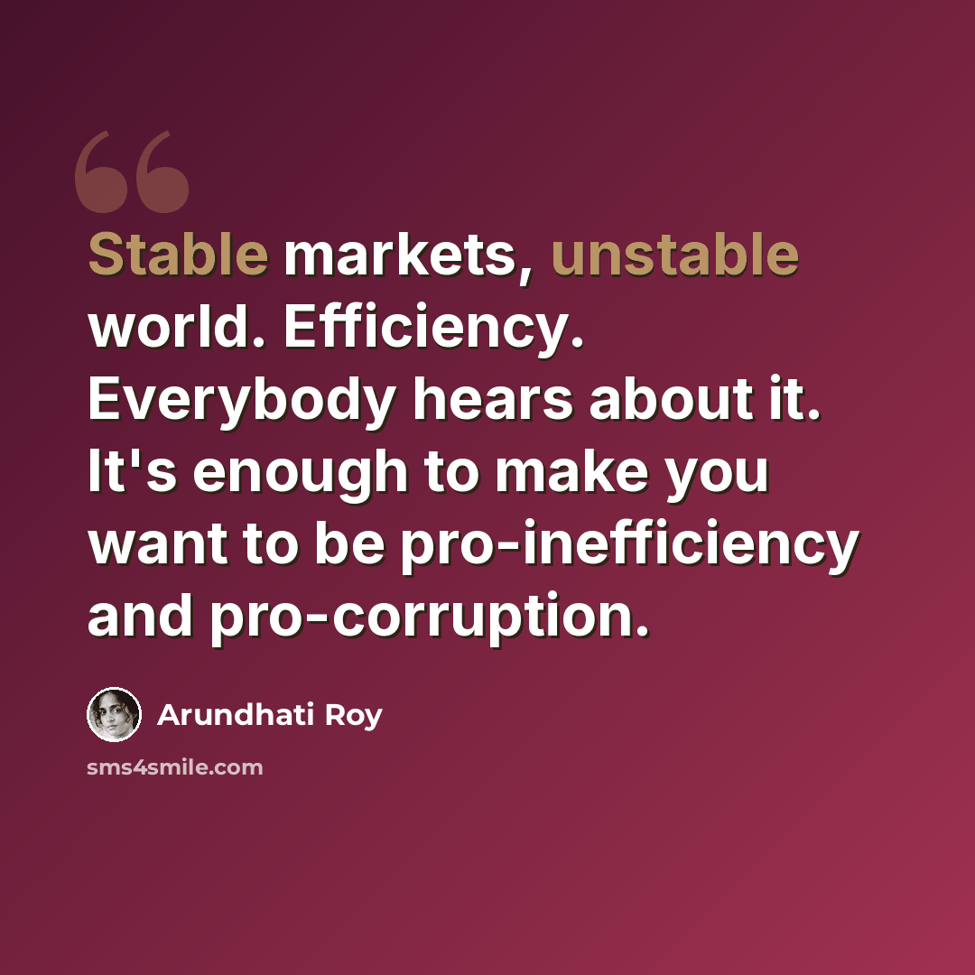 “Stable markets, unstable world. Efficiency. Everybody hears about it. It's enough to make you want to be pro-inefficiency and pro-corruption.” quote by Arundhati Roy