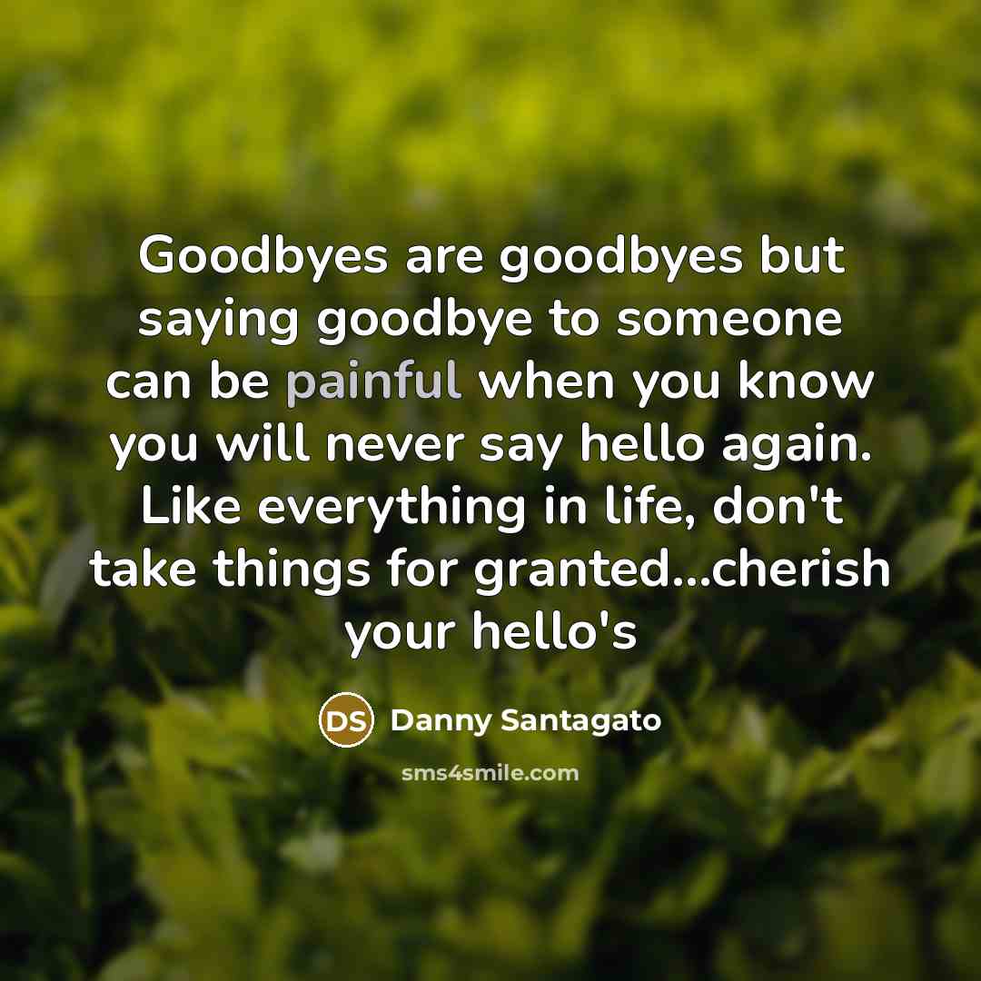 “Goodbyes are goodbyes but saying goodbye to someone can be painful when you know you will never say hello again. Like everything in life, don't take things for granted…cherish your hello's” quote by Danny Santagato