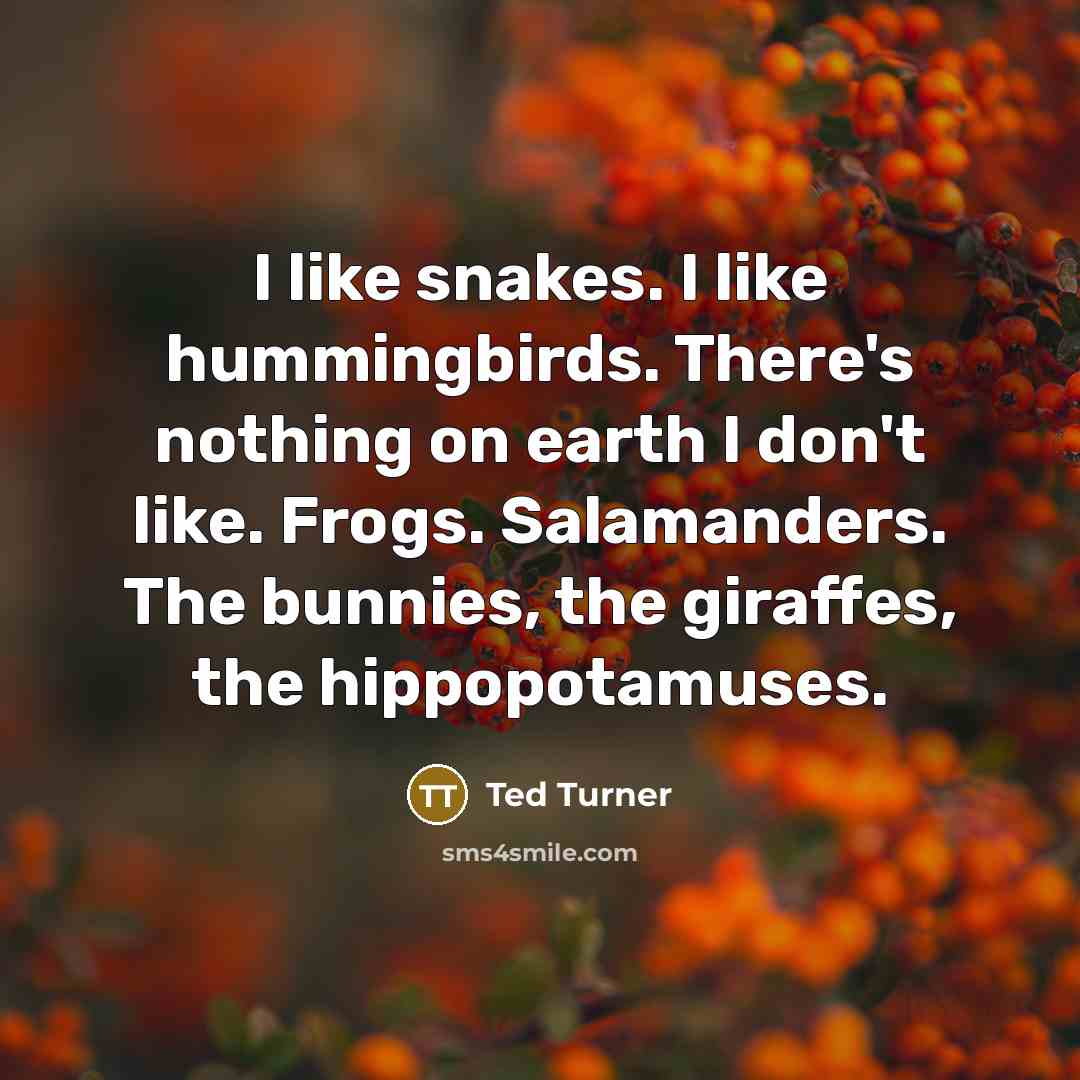 “I like snakes. I like hummingbirds. There's nothing on earth I don't like. Frogs. Salamanders. The bunnies, the giraffes, the hippopotamuses.” quote by Ted Turner