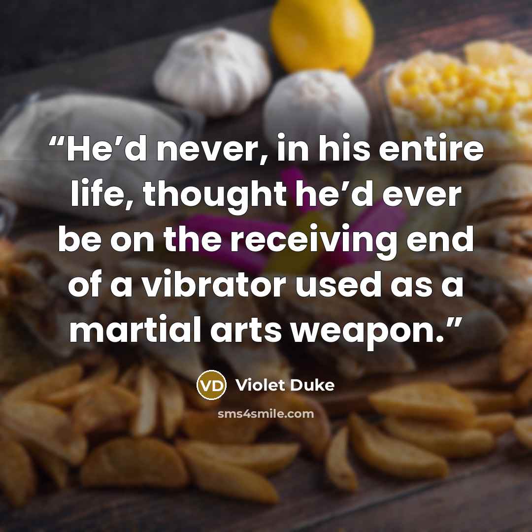 “He’d never, in his entire life, thought he’d ever be on the receiving end of a vibrator used as a martial arts weapon.” quote by Violet Duke