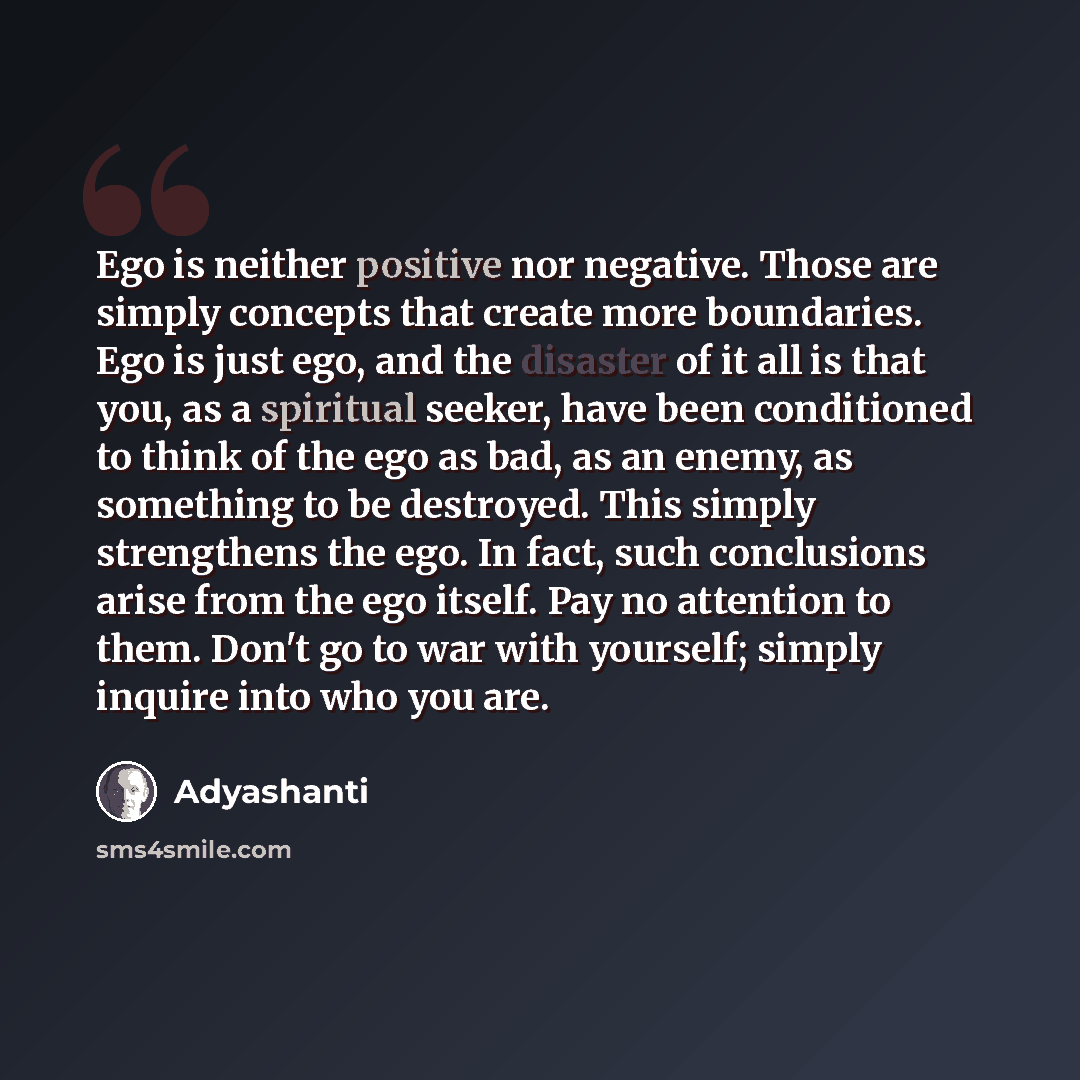 “Ego is neither positive nor negative. Those are simply concepts that create more boundaries. Ego is just ego, and the disaster of it all is that you, as a spiritual seeker, have been conditioned to think of the ego as bad, as an enemy, as something to be destroyed. This simply strengthens the ego…” quote by Adyashanti
