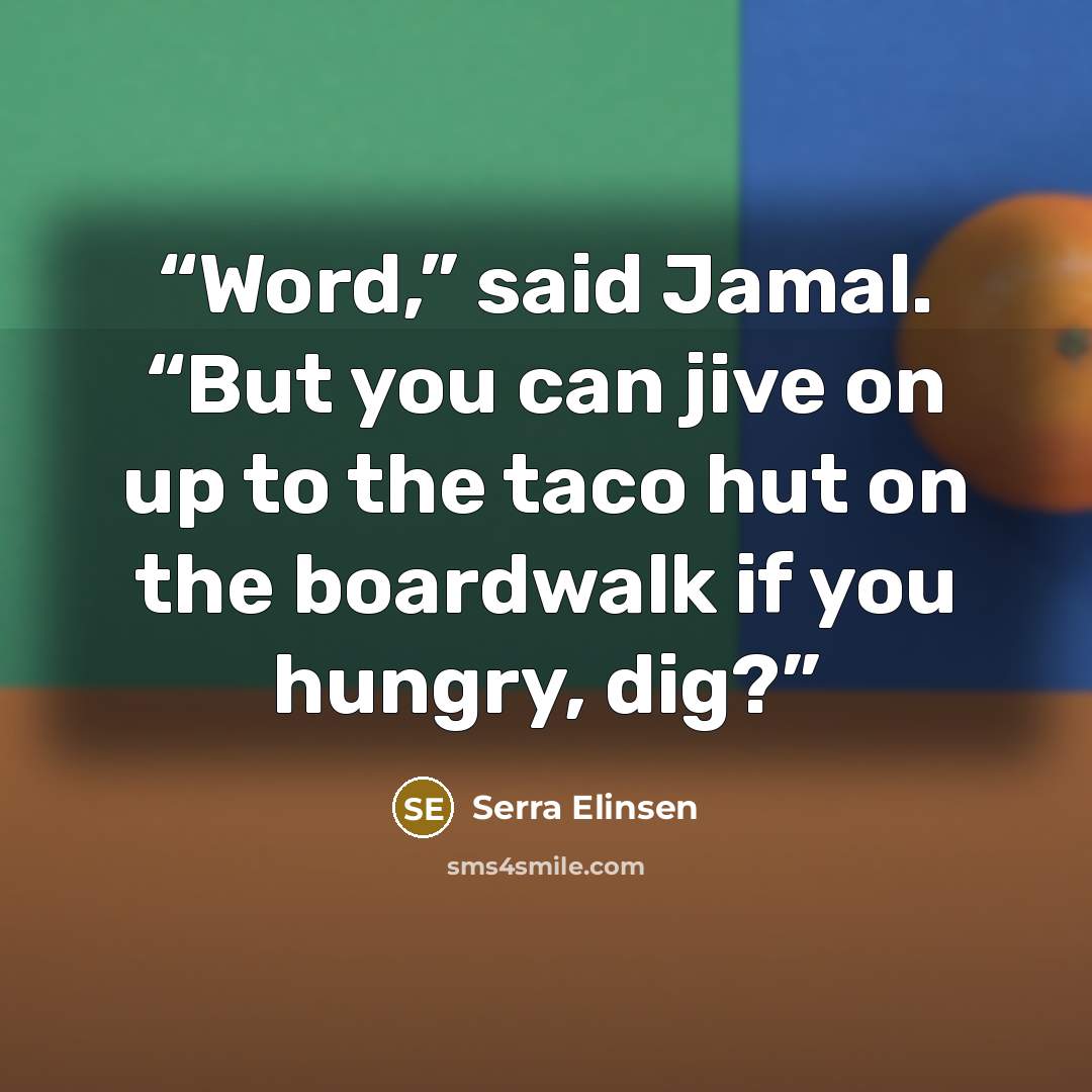 “Word,” said Jamal. “But you can jive on up to the taco hut on the boardwalk if you hungry, dig?” quote by Serra Elinsen