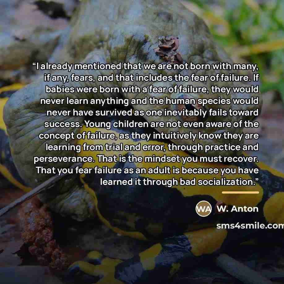 “I already mentioned that we are not born with many, if any, fears, and that includes the fear of failure. If babies were born with a fear of failure, they would never learn anything and the human species would never have survived as one inevitably fails toward success. Young children are not even…” quote by W. Anton