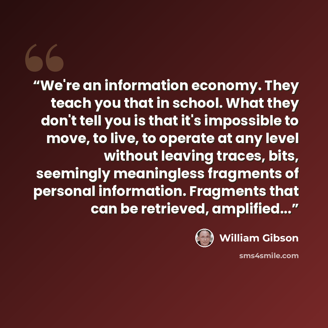 “We're an information economy. They teach you that in school. What they don't tell you is that it's impossible to move, to live, to operate at any level without leaving traces, bits, seemingly meaningless fragments of personal information. Fragments that can be retrieved, amplified...” quote by William Gibson