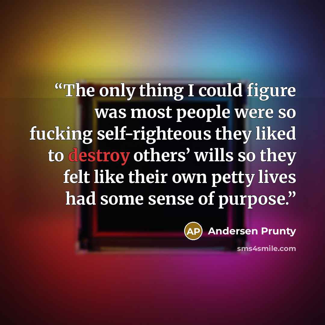“The only thing I could figure was most people were so fucking self-righteous they liked to destroy others’ wills so they felt like their own petty lives had some sense of purpose.” quote by Andersen Prunty