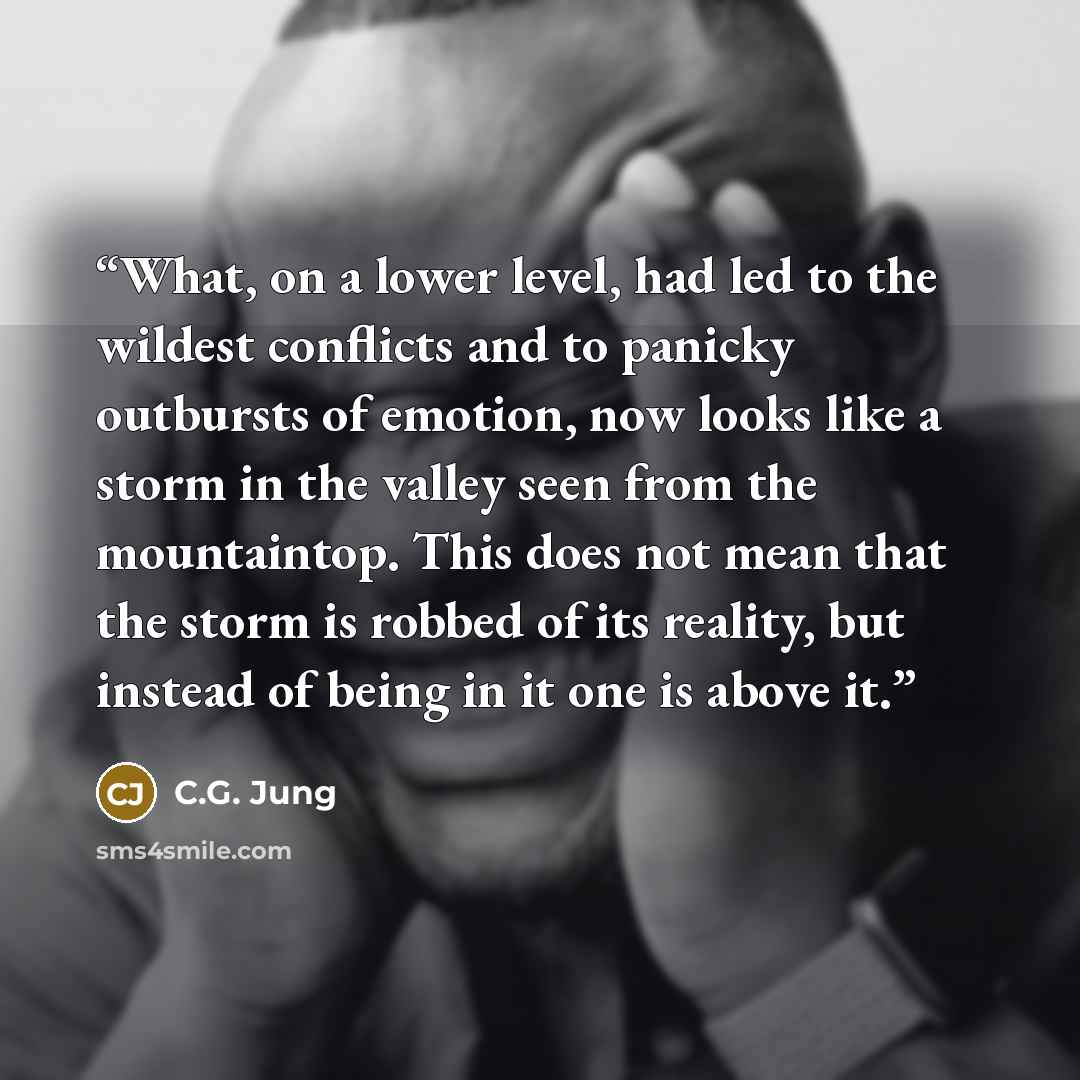 “What, on a lower level, had led to the wildest conflicts and to panicky outbursts of emotion, now looks like a storm in the valley seen from the mountaintop. This does not mean that the storm is robbed of its reality, but instead of being in it one is above it.” quote by C.G. Jung