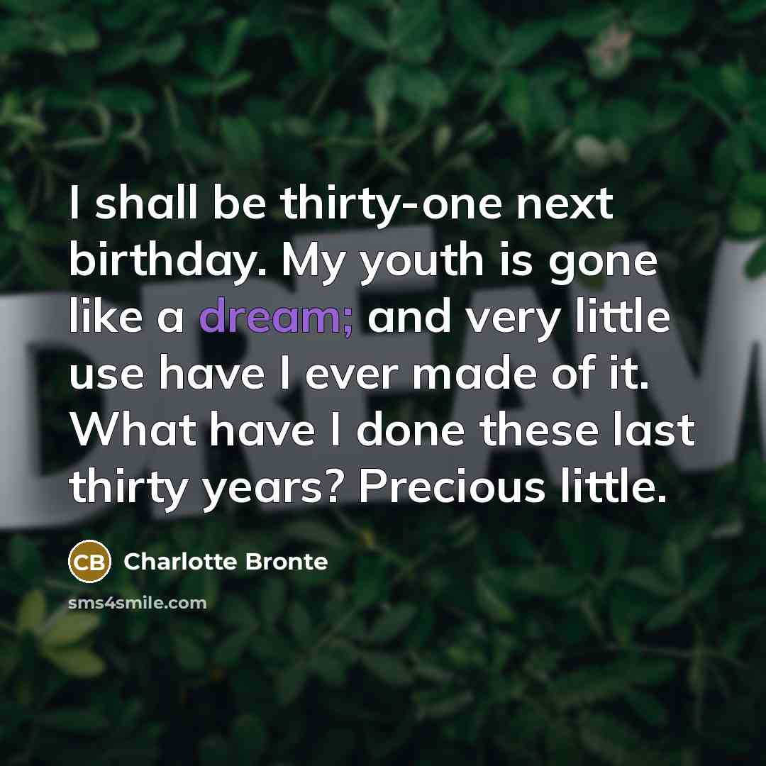 “I shall be thirty-one next birthday. My youth is gone like a dream; and very little use have I ever made of it. What have I done these last thirty years? Precious little.” quote by Charlotte Bronte