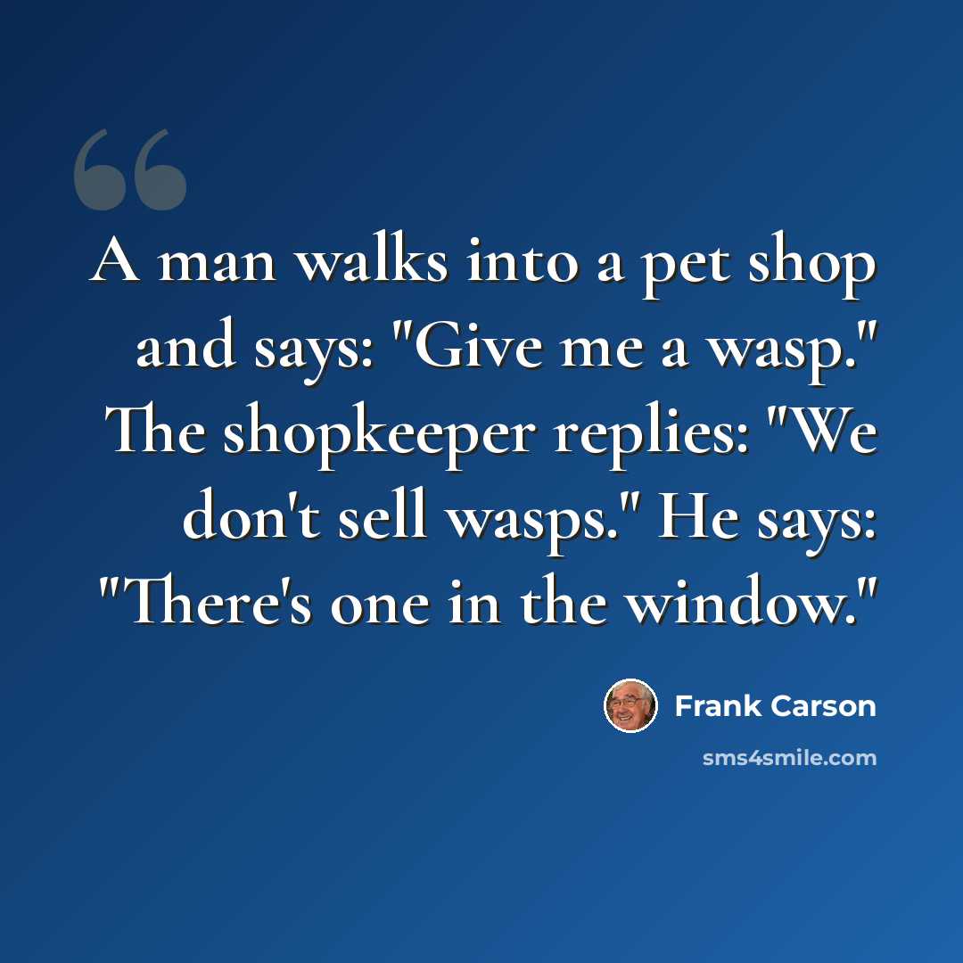 “A man walks into a pet shop and says: "Give me a wasp." The shopkeeper replies: "We don't sell wasps." He says: "There's one in the window."” quote by Frank Carson