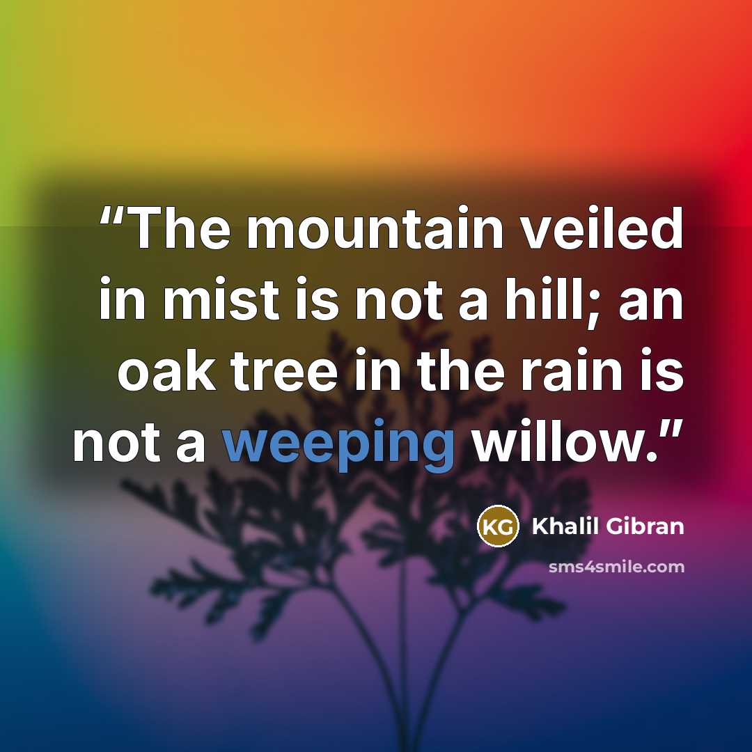“The mountain veiled in mist is not a hill; an oak tree in the rain is not a weeping willow.” quote by Khalil Gibran