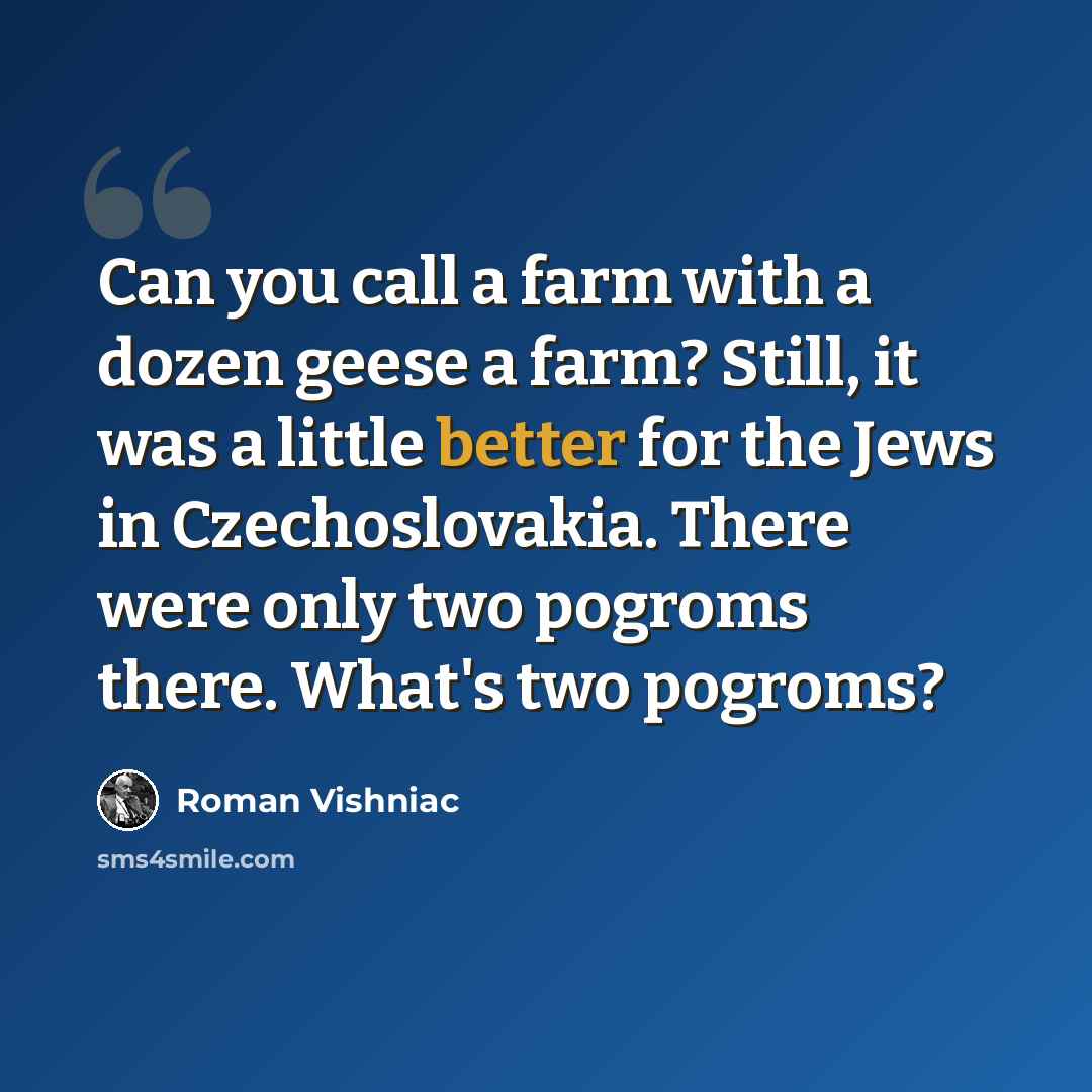 “Can you call a farm with a dozen geese a farm? Still, it was a little better for the Jews in Czechoslovakia. There were only two pogroms there. What's two pogroms?” quote by Roman Vishniac