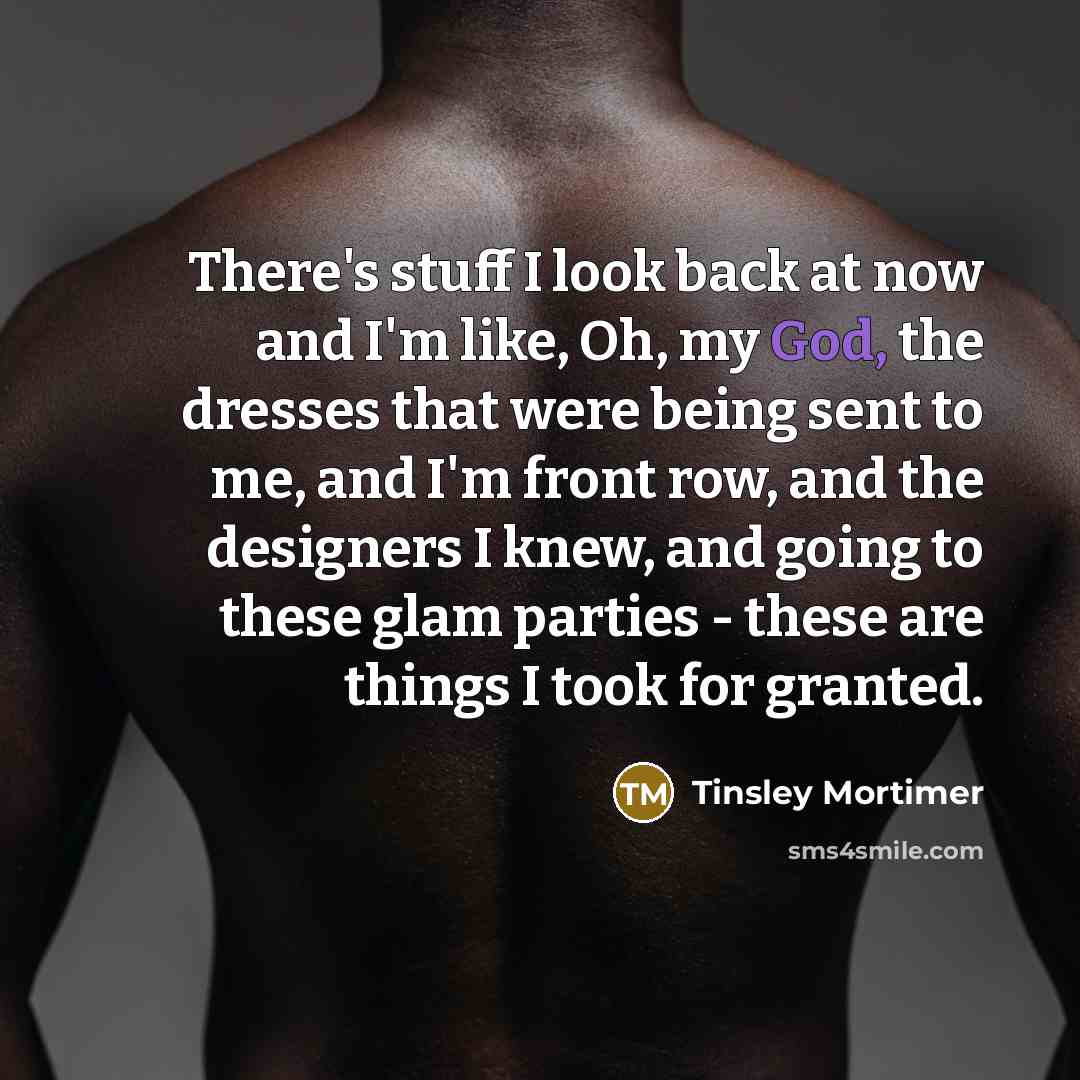 “There's stuff I look back at now and I'm like, Oh, my God, the dresses that were being sent to me, and I'm front row, and the designers I knew, and going to these glam parties - these are things I took for granted.” quote by Tinsley Mortimer
