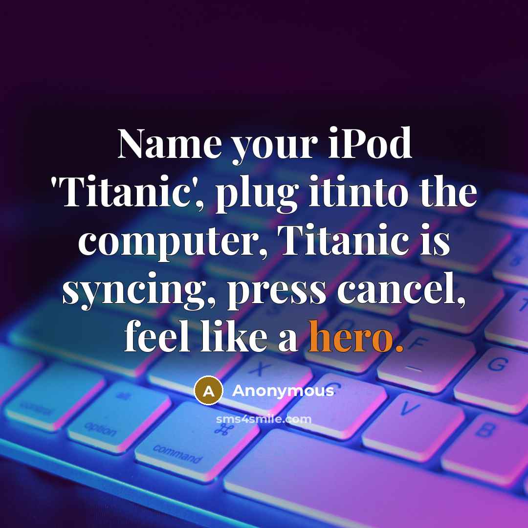 “Name your iPod 'Titanic', plug itinto the computer, Titanic is syncing, press cancel, feel like a hero.” quote by Anonymous