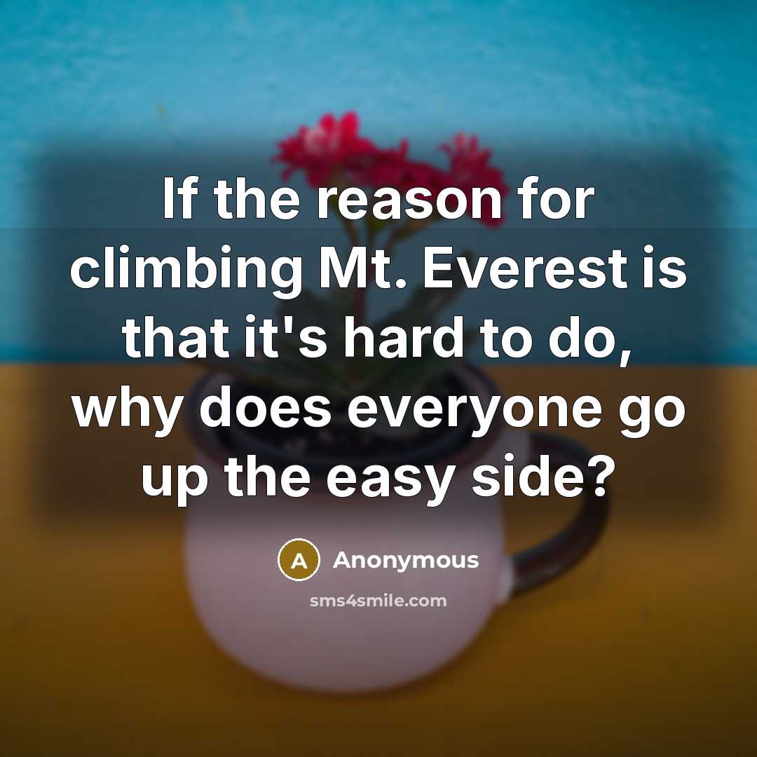 “If the reason for climbing Mt. Everest is that it's hard to do, why does everyone go up the easy side?” quote by Anonymous