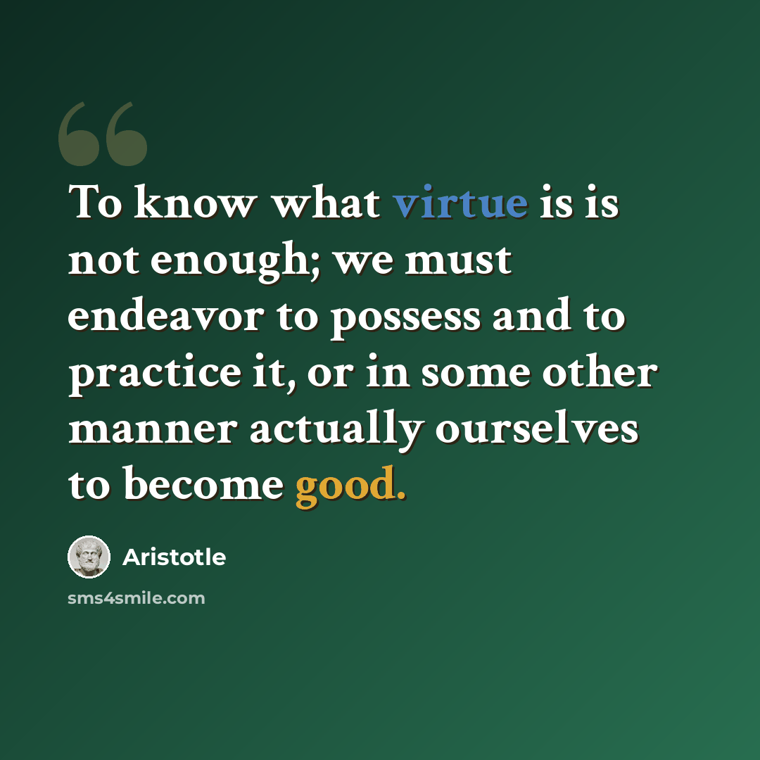 “To know what virtue is is not enough; we must endeavor to possess and to practice it, or in some other manner actually ourselves to become good.” quote by Aristotle