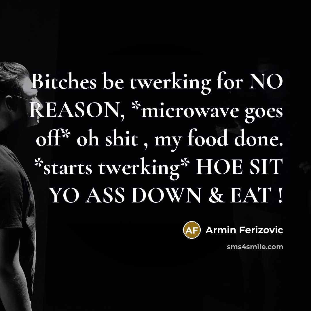 “Bitches be twerking for NO REASON, *microwave goes off* oh shit , my food done. *starts twerking* HOE SIT YO ASS DOWN & EAT !” quote by Armin Ferizovic