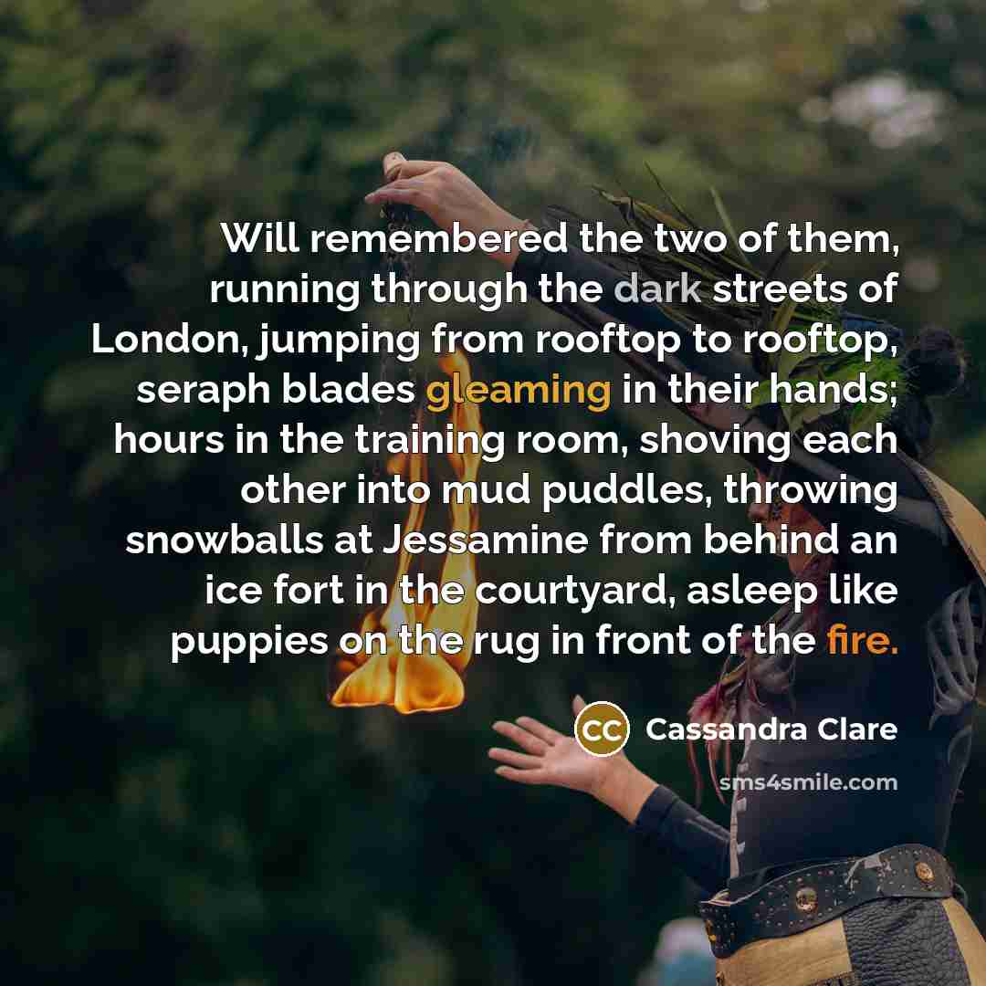 “Will remembered the two of them, running through the dark streets of London, jumping from rooftop to rooftop, seraph blades gleaming in their hands; hours in the training room, shoving each other into mud puddles, throwing snowballs at Jessamine from behind an ice fort in the courtyard, asleep…” quote by Cassandra Clare