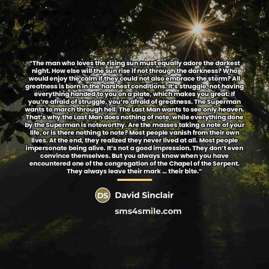 “The man who loves the rising sun must equally adore the darkest night. How else will the sun rise if not through the darkness? Who would enjoy the calm if they could not also embrace the storm? All greatness is born in the harshest conditions. It’s struggle, not having everything handed to you on…” quote by David Sinclair