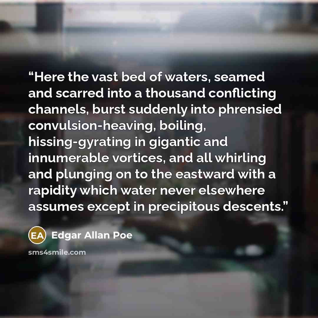 “Here the vast bed of waters, seamed and scarred into a thousand conflicting channels, burst suddenly into phrensied convulsion-heaving, boiling, hissing-gyrating in gigantic and innumerable vortices, and all whirling and plunging on to the eastward with a rapidity which water never elsewhere…” quote by Edgar Allan Poe
