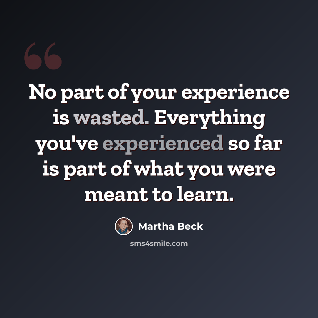 “No part of your experience is wasted. Everything you've experienced so far is part of what you were meant to learn.” quote by Martha Beck