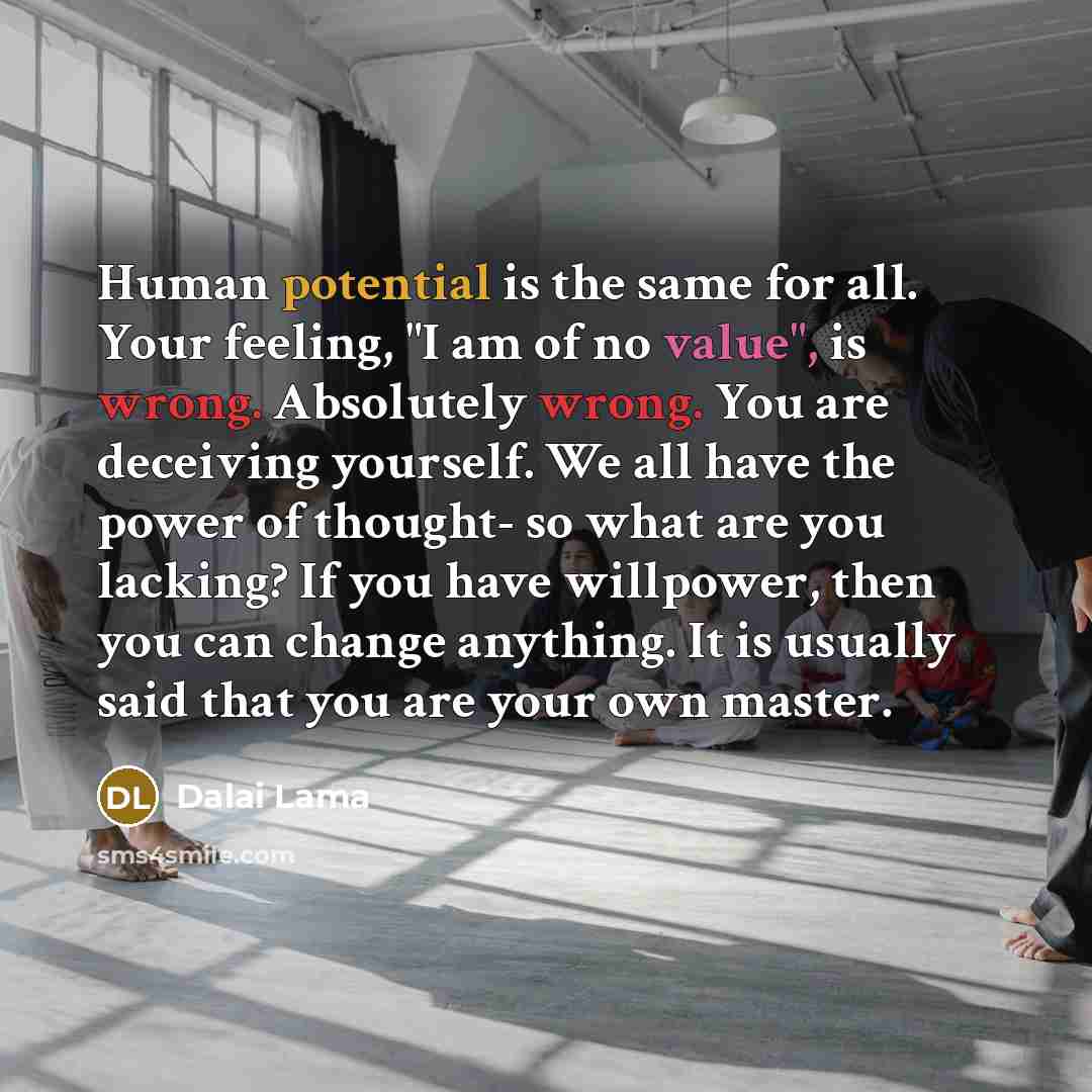 “Human potential is the same for all. Your feeling, "I am of no value", is wrong. Absolutely wrong. You are deceiving yourself. We all have the power of thought- so what are you lacking? If you have willpower, then you can change anything. It is usually said that you are your own master.” quote by Dalai Lama