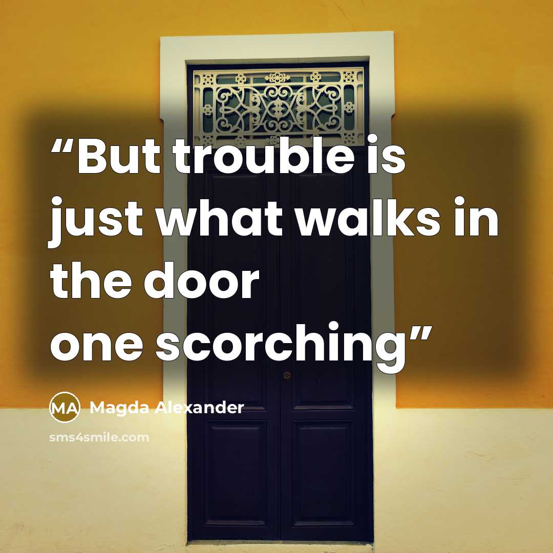 “But trouble is just what walks in the door one scorching” quote by Magda Alexander