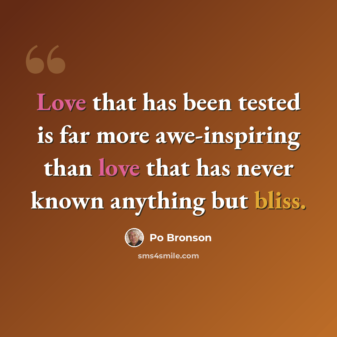 “Love that has been tested is far more awe-inspiring than love that has never known anything but bliss.” quote by Po Bronson