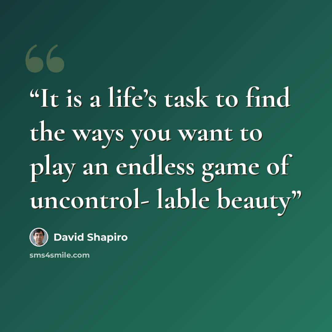 “It is a life’s task to find the ways you want to play an endless game of uncontrol- lable beauty” quote by David Shapiro