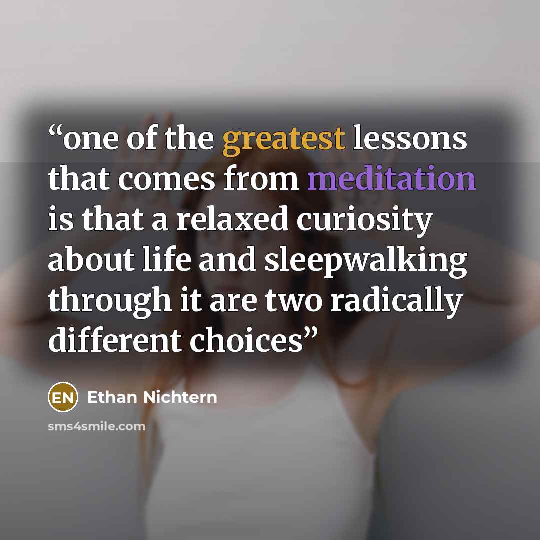 “one of the greatest lessons that comes from meditation is that a relaxed curiosity about life and sleepwalking through it are two radically different choices” quote by Ethan Nichtern