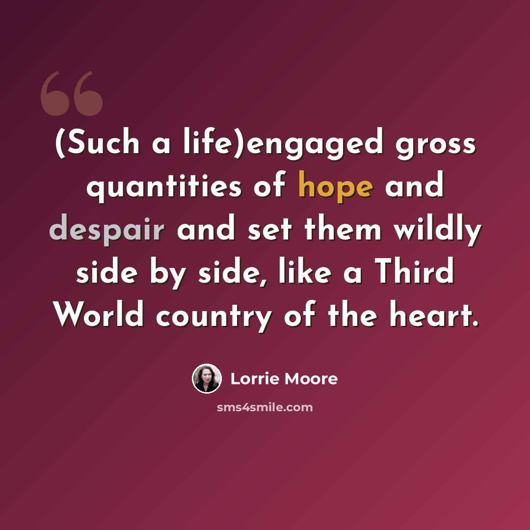 “(Such a life)engaged gross quantities of hope and despair and set them wildly side by side, like a Third World country of the heart.” quote by Lorrie Moore