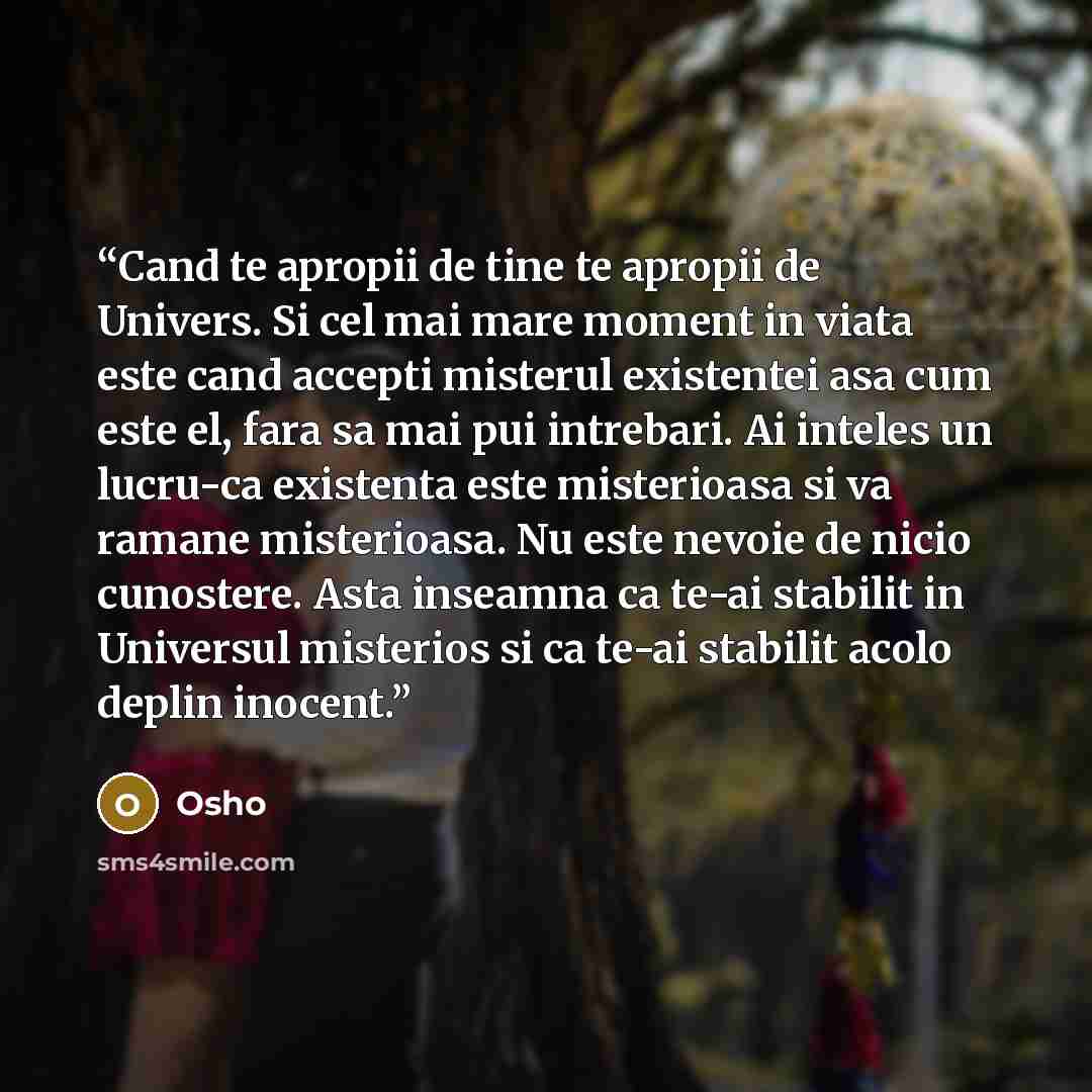 “Cand te apropii de tine te apropii de Univers. Si cel mai mare moment in viata este cand accepti misterul existentei asa cum este el, fara sa mai pui intrebari. Ai inteles un lucru-ca existenta este misterioasa si va ramane misterioasa. Nu este nevoie de nicio cunostere. Asta inseamna ca te-ai…” quote by Osho