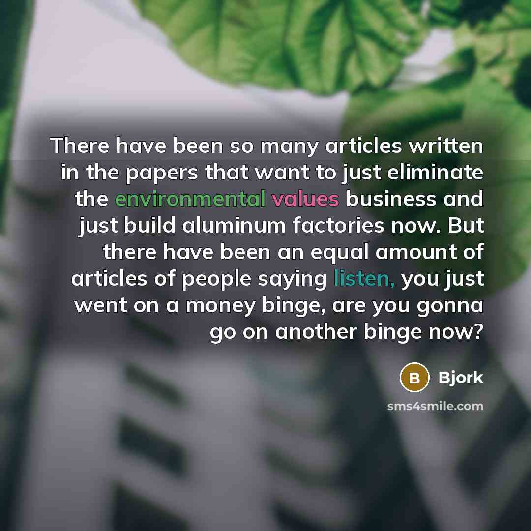 “There have been so many articles written in the papers that want to just eliminate the environmental values business and just build aluminum factories now. But there have been an equal amount of articles of people saying listen, you just went on a money binge, are you gonna go on another binge now?” quote by Bjork